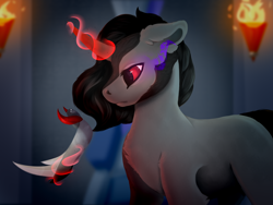 Size: 6000x4500 | Tagged: safe, artist:isorrayi, derpibooru import, king sombra, pony, absurd resolution, blank flank, crown, curved horn, glowing horn, horn, jewelry, levitation, magic, male, missing accessory, red eyes, regalia, sideburns, solo, sombra eyes, telekinesis, torch