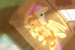 Size: 3000x2000 | Tagged: safe, artist:stillwaterspony, applejack, fluttershy, earth pony, pegasus, pony, appleshy, cuddling, female, lesbian, shipping, snuggling, sofa, sunlight, waking up