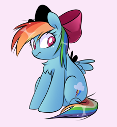 Size: 666x723 | Tagged: safe, artist:killasher, derpibooru import, rainbow dash, pegasus, pony, bow, chest fluff, cute, dashabetes, female, hair bow, mare, pink background, simple background, sitting, solo