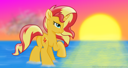 Size: 7340x3900 | Tagged: safe, alternate version, artist:ejlightning007arts, sunset shimmer, pony, unicorn, absurd resolution, butt, female, mare, plot, pun, raised hoof, solo, sunset, sunshine shimmer, visual pun, water