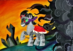 Size: 1024x718 | Tagged: safe, artist:dawn-designs-art, derpibooru import, king sombra, pony, umbrum, unicorn, the crystal empire, crystal, dark crystal, male, modern art, smoke, solo, stallion, stylized, traditional art, watercolor painting