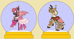 Size: 3728x1968 | Tagged: safe, artist:rosefang16, oc, oc only, oc:dark raspberries, oc:olive (reindeer), bat pony, deer, pony, reindeer, antlers, bat pony oc, bridle, carousel, chest fluff, christmas, christmas lights, clothes, coat, commission, dress, eyes closed, eyeshadow, female, flower, flower in hair, holiday, hoof shoes, makeup, mare, pole, raised hoof, simple background, snow, snow globe, socks, stockings, tack, thigh highs, unshorn fetlocks, ych result, yellow background