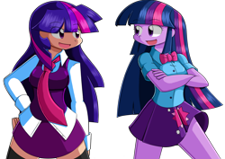 Size: 1740x1233 | Tagged: safe, artist:kurus22, twilight sparkle, human, equestria girls, bowtie, clothes, cute, human coloration, humanized, miniskirt, necktie, pleated skirt, self paradox, simple background, skirt, socks, thigh highs, transparent background