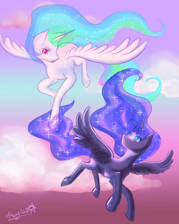 Size: 1600x2000 | Tagged: safe, artist:auriaslayer, princess celestia, princess luna, alicorn, pony, flying, royal sisters, smiling