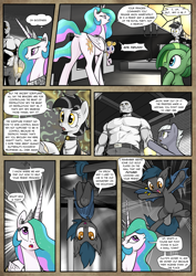 Size: 1363x1920 | Tagged: safe, artist:pencils, limestone pie, princess celestia, oc, oc:anon, oc:jade aurora, oc:padlock, oc:speck, alicorn, bat pony, earth pony, human, pony, unicorn, comic:anon's pie adventure, :o, behaving like a bat, belt, belt buckle, candle, chest fluff, choker, church, clerical robes, clothes, comic, confused, crown, cute, dock, fangs, female, flying, frog (hoof), frown, glare, glowing eyes, grammar error, hair over one eye, human male, jewelry, looking up, male, mare, mind control, misunderstanding, monochrome, necklace, neo noir, noodle incident, open mouth, pants, partial color, plot, pointing, possessed, question mark, regalia, robes, shirt, smiling, spread wings, stained glass, sunbutt, thought bubble, underhoof, upside down, weapons-grade cute, wide eyes