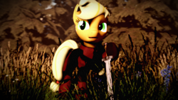 Size: 2120x1192 | Tagged: safe, artist:longsword97, applejack, earth pony, pony, 3d, grass, solo, source filmmaker, sword