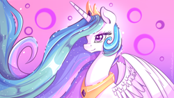 Size: 994x559 | Tagged: safe, artist:aunmoon, princess celestia, alicorn, pony, lidded eyes, smiling, solo, spread wings