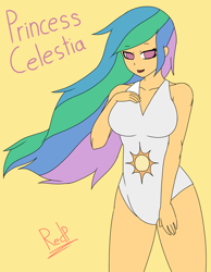 Size: 1024x1317 | Tagged: safe, artist:redprep, princess celestia, human, breasts, clothes, female, humanized, one-piece swimsuit, solo, swimsuit