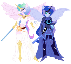 Size: 4100x3700 | Tagged: safe, artist:e-e-r, nightmare moon, princess celestia, princess luna, principal celestia, vice principal luna, equestria girls, absurd resolution, armor, belly button, breasts, clothes, duo, female, midriff, ponied up, princess breastia, royal sisters, side slit, simple background, skirt, sword, transparent background, weapon