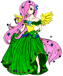 Size: 960x1155 | Tagged: safe, artist:becca-yumi, fluttershy, human, cleavage, clothes, dress, female, humanized, solo, tailed humanization, winged humanization