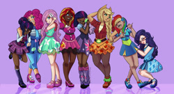 Size: 3325x1800 | Tagged: safe, artist:dinogorawrrainbow, applejack, fluttershy, pinkie pie, rainbow dash, rarity, sci-twi, spike, sunset shimmer, twilight sparkle, dog, human, clothes, cowboy hat, dark skin, diversity, dress, equestria girls outfit, eyes closed, female, glasses, hair bun, hair over one eye, hat, high heels, humane five, humane seven, humane six, humanized, laughing, leg warmers, looking at you, mane six, mary janes, pantyhose, shoes, signature, simple background, skirt, sneakers, socks, spike the dog, stetson, twolight