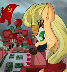 Size: 1200x1300 | Tagged: safe, artist:chrischin, applejack, earth pony, pony, apple, flag, josef stalin, military, russia, soviet union, st. basil's cathedral