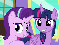 Size: 863x663 | Tagged: safe, screencap, starlight glimmer, twilight sparkle, twilight sparkle (alicorn), alicorn, pony, unicorn, all bottled up, cropped, duo, smiling