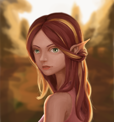 Size: 990x1055 | Tagged: safe, artist:amarthgul, sunset shimmer, human, bust, elf ears, humanized, portrait, solo