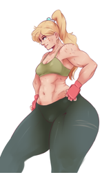 Size: 829x1405 | Tagged: safe, artist:sundown, applejack, human, alternate hairstyle, applebucking thighs, applejacked, armpits, belly button, clothes, female, gloves, humanized, midriff, muscles, ponytail, scar, simple background, solo, sweat, tanktop, white background