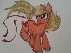 Size: 1024x768 | Tagged: safe, artist:penkatshi, applejack, earth pony, pony, ear fluff, fluffy, loose hair, ribbon, sketch, solo, traditional art, unshorn fetlocks