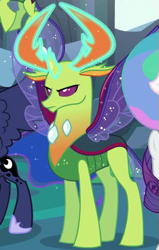 Size: 343x539 | Tagged: safe, screencap, princess celestia, princess luna, rarity, thorax, alicorn, changedling, changeling, pony, unicorn, to where and back again, angry, changeling king, cropped, glowing antlers, glowing horn, king thorax, magic, solo focus