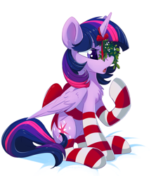 Size: 4708x5291 | Tagged: safe, artist:taneysha, twilight sparkle, twilight sparkle (alicorn), alicorn, pony, absurd resolution, christmas, clothes, cute, daaaaaaaaaaaw, female, holiday, horn impalement, mare, mistletoe, ribbon, socks, solo, stockings, striped socks, thigh highs, twiabetes