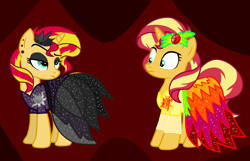 Size: 2300x1480 | Tagged: artist needed, safe, artist:famousmari5, artist:katya, sunset shimmer, pony, unicorn, clothes, dress, duality, human sunset, ponified, self ponidox, vector