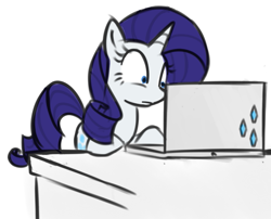 Size: 525x424 | Tagged: safe, artist:bambooharvester, rarity, pony, unicorn, computer, cutie mark, eyelashes, horn, laptop computer, simple background, solo, white background, wide eyes