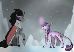 Size: 3828x2731 | Tagged: safe, artist:vixenwolf123, derpibooru import, king sombra, twilight sparkle, unicorn twilight, classical unicorn, pony, unicorn, chest fluff, clothes, cloven hooves, dark magic, duo, good vs evil, leonine tail, magic, unshorn fetlocks