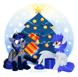 Size: 1200x1188 | Tagged: safe, artist:sonnatora, oc, oc only, oc:gabriel, oc:mythic, bat pony, pegasus, pony, christmas, christmas lights, christmas tree, clothes, gift box, holiday, stockings, thigh highs, tree