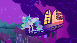 Size: 1920x1080 | Tagged: safe, screencap, princess celestia, alicorn, pony, lesson zero, balcony, ethereal mane, female, golden oaks library, looking up, mare, night, raised hoof, solo, spread wings