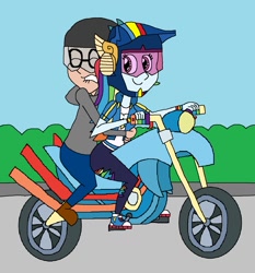 Size: 1301x1397 | Tagged: safe, artist:hunterxcolleen, derpibooru import, rainbow dash, oc, oc:stewart gary, better together, equestria girls, fomo, driving, helmet, hug, motorcycle, road, scared