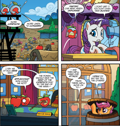 Size: 850x894 | Tagged: safe, idw, mustachioed apple, rarity, scootaloo, living apple, pony, unicorn, night of the living apples, spoiler:comic, spoiler:comic32, apple, background pony, barbed wire, barrel, catapult, comic, female, filly, foal, food, helmet, mare, monocle, official comic, sewing machine, spear, speech bubble, unnamed pony, watchtower, weapon