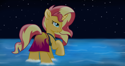 Size: 7340x3900 | Tagged: safe, alternate version, artist:ejlightning007arts, sunset shimmer, pony, unicorn, bedroom eyes, equestria girls outfit, female, mare, night, raised hoof, sarong, solo, sunshine shimmer, water