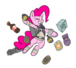 Size: 633x566 | Tagged: safe, artist:metal-kitty, pinkie pie, earth pony, pony, crossover, fallout, fallout 3, frag grenade, frag mine, grenade, land mine, mine, mini nuke, minigun, radaway, soda, solo, this will end in explosions