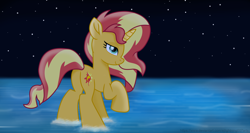 Size: 7340x3900 | Tagged: safe, alternate version, artist:ejlightning007arts, sunset shimmer, pony, unicorn, absurd resolution, butt, female, mare, night, plot, raised hoof, solo, stars, sunshine shimmer, water