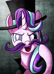 Size: 1500x2063 | Tagged: safe, artist:starbat, starlight glimmer, pony, bust, fake moustache, hat, portrait, snidely whiplash, solo, top hat