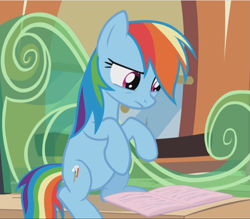 Size: 1073x940 | Tagged: safe, derpibooru import, screencap, rainbow dash, pegasus, pony, the lost treasure of griffonstone, animation error, book, cropped, female, looking down, mare, reading, sitting, solo, wingless