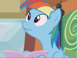 Size: 1250x940 | Tagged: safe, derpibooru import, screencap, rainbow dash, pegasus, pony, the lost treasure of griffonstone, alternate hairstyle, book, cropped, female, holding, mane swap, manebow sparkle, mare, smiling, solo