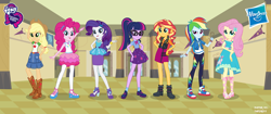 Size: 5500x2309 | Tagged: safe, artist:twilirity, applejack, fluttershy, pinkie pie, rainbow dash, rarity, sci-twi, sunset shimmer, twilight sparkle, better together, equestria girls, belt, boots, clothes, converse, cowboy hat, denim skirt, dress, equestria girls logo, freckles, geode of empathy, geode of fauna, geode of shielding, geode of sugar bombs, geode of super speed, geode of super strength, geode of telekinesis, glasses, hat, high heel boots, high heels, humane five, humane seven, humane six, magical geodes, miniskirt, pants, pantyhose, ponytail, poster, shoes, skirt, sneakers, socks, stetson