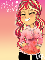 Size: 1800x2400 | Tagged: safe, artist:artmlpk, sunset shimmer, equestria girls, blushing, clothes, cute, female, fluffy, hoodie, leggings, shimmerbetes, smiley face, solo