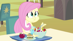 Size: 1600x900 | Tagged: safe, screencap, fluttershy, equestria girls, apple, burger, left handed, salad, solo