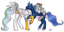 Size: 1280x636 | Tagged: safe, artist:rauhiss, princess celestia, princess luna, alicorn, pony, animal costume, ballerina, chicken suit, clothes, costume, eyes closed, hug, lidded eyes, lunarina, raised hoof, royal sisters, simple background, smiling, traditional art, tutu, white background