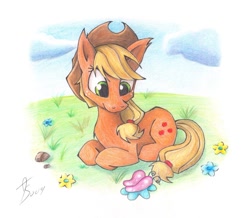 Size: 1023x891 | Tagged: safe, artist:animestrife009, applejack, butterfly, earth pony, pony, prone, solo, traditional art