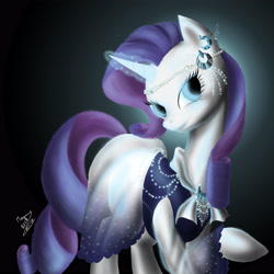 Size: 3543x3543 | Tagged: safe, artist:megumi-arakaki, rarity, pony, unicorn, clothes, dress, glowing horn, headband, jewelry, raised hoof, solo