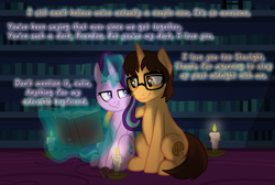 Size: 1091x732 | Tagged: safe, artist:starlightglimmerfan1, starlight glimmer, oc, oc:brandon, pony, unicorn, bedroom eyes, book, candle, canon x oc, female, hoof on shoulder, levitation, looking at each other, magic, male, sitting, straight, telekinesis