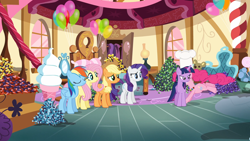 Size: 1280x720 | Tagged: safe, derpibooru import, screencap, applejack, fluttershy, pinkie pie, rainbow dash, rarity, twilight sparkle, twilight sparkle (alicorn), alicorn, earth pony, pegasus, pony, unicorn, maud pie (episode), mane six, mid-blink screencap, out of context, rock candy, sugarcube corner