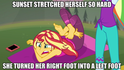 Size: 1280x720 | Tagged: safe, screencap, rainbow dash, sunset shimmer, better together, choose your own ending, equestria girls, wake up!, wake up!: rainbow dash, animation error, barefoot, feet, phone