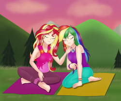 Size: 1984x1660 | Tagged: safe, artist:anonix123, rainbow dash, sunset shimmer, human, better together, choose your own ending, equestria girls, wake up!, wake up!: rainbow dash, barefoot, clothes, eyes closed, feet, female, human coloration, humanized, lesbian, shipping, smiling, sunsetdash