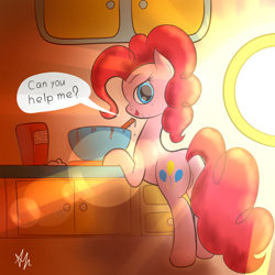 Size: 1080x1080 | Tagged: safe, artist:anti1mozg, pinkie pie, earth pony, pony, bowl, flour, kitchen, looking at you, looking back, mixing bowl, plot, solo