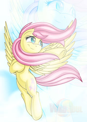 Size: 1024x1433 | Tagged: safe, artist:ikuvaito, fluttershy, pegasus, pony, flying, solo, windswept mane, zoom layer