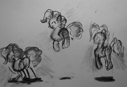Size: 850x580 | Tagged: safe, artist:inkygarden, pinkie pie, earth pony, pony, charcoal drawing, monochrome, pronking, sketch, solo, traditional art