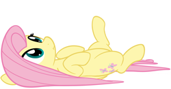 Size: 2911x1522 | Tagged: safe, artist:furrgroup, fluttershy, pegasus, pony, :i, on back, simple background, solo