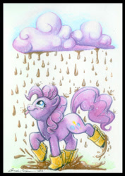 Size: 698x984 | Tagged: safe, artist:icecatdemon, pinkie pie, earth pony, pony, chocolate rain, cloud, galoshes, solo, tongue out, traditional art, watercolor painting